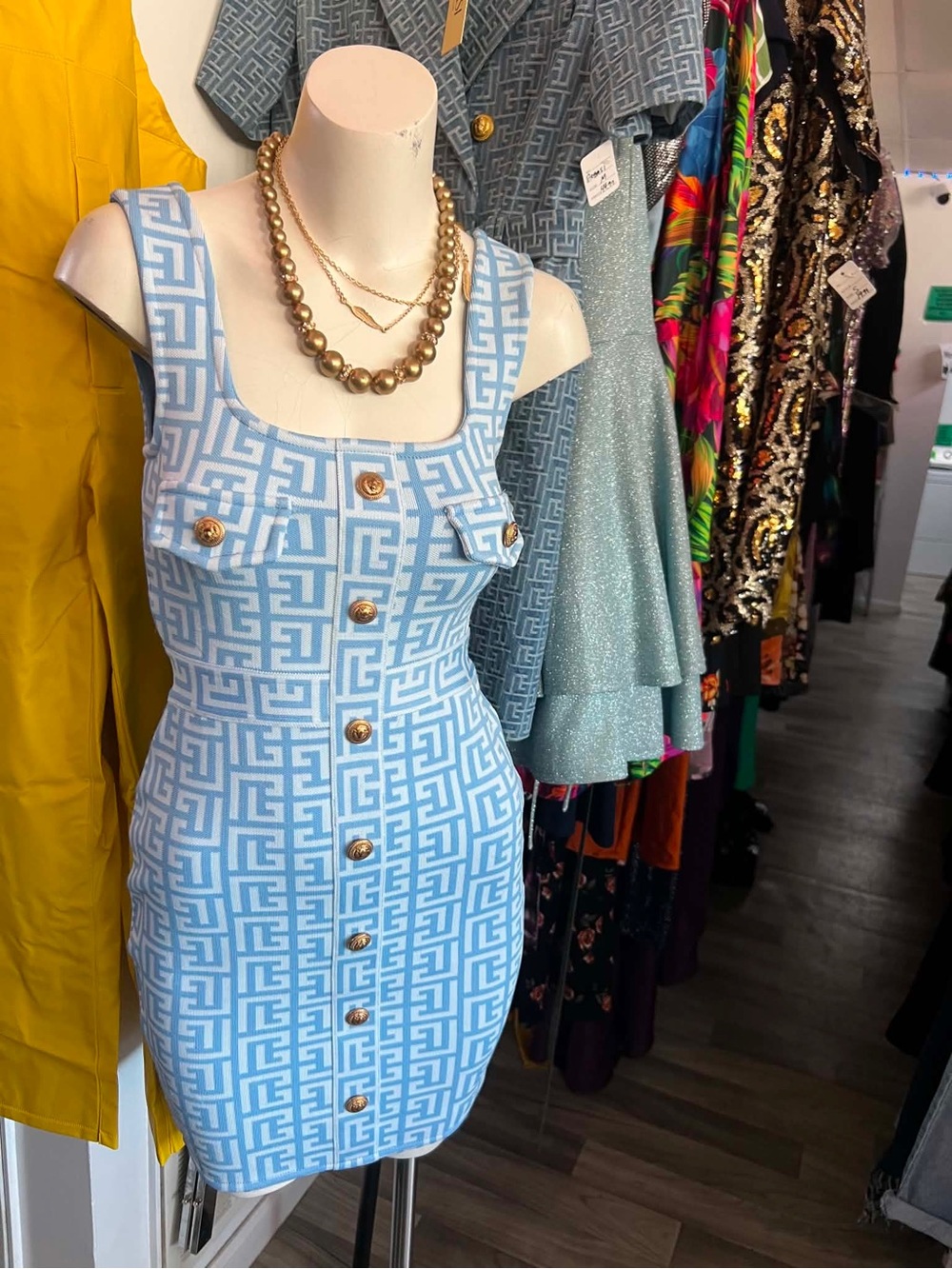 Sleeveless Blue Patterned Button-Front Mini Dress
